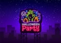 Halloween Party Billboard design template vector. Halloween greeting card, Light banner, neon style, night bright