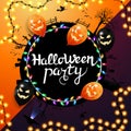 Halloween party, black round invitation poster with silhouette of the planet at Halloween night, autumn leafs, garland Royalty Free Stock Photo