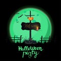 Halloween party, black square invitation poster with large green full moon and old wooden sign with attached pumpkin Jack