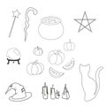 Halloween party icons set vector illustration. Magic hat sweets masks balloon pumpkin rocket flag glasses, good for holiday design Royalty Free Stock Photo