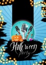 Halloween party, blue invitation poster with guitars, microphone and pumpkin