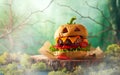 Halloween party burger in shape of scary pumpkin   on natural wooden board. Halloween food concept Royalty Free Stock Photo