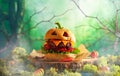 Halloween party burger in shape of scary pumpkin on natural wooden board. Halloween food concept