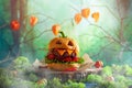 Halloween party burger in shape of scary pumpkin   on natural wooden board. Halloween food concept Royalty Free Stock Photo