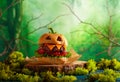Halloween party burger in shape of scary pumpkin on wooden board. Halloween food concept