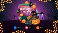 Halloween party, card with beautiful night landscape on the background and invitation plate with Halloween balloons, wooden sign.