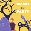 Halloween party card design with cat, graveyard, zombie hand, scary tree