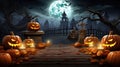 Halloween Party Card - Pumpkins And Skeleton In Graveyard At Night With Wooden Board