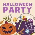 Halloween party card, square background design. Helloween holiday template with creepy spooky orange October jack