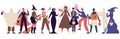 Halloween party characters. Celebrating people in halloween costumes, halloween spooky outfits party vector illustration