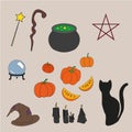 Halloween party colorful icons set vector illustration. Magic hat sweets masks balloon pumpkin flag glasses, good for holiday Royalty Free Stock Photo