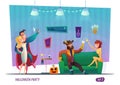 Halloween party concept. People in costume are celebrating. Flat character design.