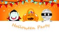 Halloween party, confetti falling, vampire, pumpkin and mummy cartoon character with cute character, celebration festival poster,