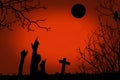 Halloween party creative illustration with black silhouette of zombies hands on cementery. Copy space. Gothic style