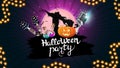Halloween party, creative party invitation banner with microphone, guitars, pumpkins and Scarecrow. Purple template for Halloween