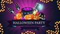 Halloween party, creative party invitation banner with ribbon, microphone, guitars, pumpkins and witch`s cauldron.