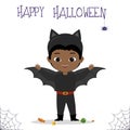 Halloween party. Cute African American boy dressed as a bat, candy and lollipops, spider and cobweb. Postcard, vector