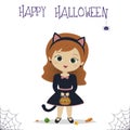 Halloween party. A cute girl in a cat costume is holding a pumpkin with candy corn, a spider and a cobweb. Postcard