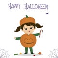 Halloween party. A cute girl in a pumpkin costume is holding a lollipop, candy, a spider and a cobweb. Postcard, vector