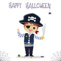 Halloween party. A cute Irish boy dressed as a pirate, holding a sword, candies and lollipops, a spider and a web