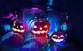 Halloween party in cyberpunk style. Pumpkin head in cyberspace Royalty Free Stock Photo