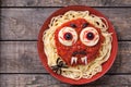 Halloween party decoration food. Spaghetti monster
