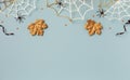 Halloween party decorations from bats, spider web and confetti top view. Happy halloween minimal holiday card