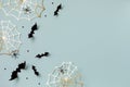 Halloween party decorations from bats, spider web and confetti top view. Happy halloween minimal holiday greeting card