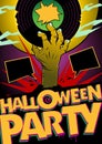 Halloween party design mock up with zombie hand holding vinyl, comic style poster concept, empty speech bubbles Royalty Free Stock Photo