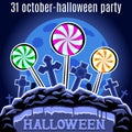 Halloween Party design template for poster. Candy on the cemeter