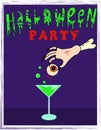 Halloween party design template, with a witch`s hand holding her eyes and a cocktail.Halloween party invitations.Cards Royalty Free Stock Photo
