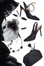 Halloween party female outfit collection accessories black on white background, shoes, cloth with skulls, jewelry, bag