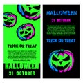 Halloween party flyer set. Halloween Night Party Poster with Green Neon Pumpkin Lantern.