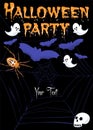 Halloween Party flyer with spooky bats, ghosts, skull, spider before a black Royalty Free Stock Photo