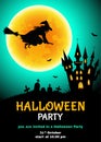 Halloween party flyer with witch silhouette, cemetery, castl