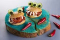 Halloween party food. Monster hamburgers close up with red chili peppers. Royalty Free Stock Photo