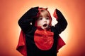 Halloween party and funny child. Horror faces. Holiday halloween with funny carnival costumes on a halloween background