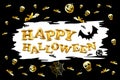 Halloween party gold glitter balloon label template with pumpkin and typography elements. Vector text with retro grunge effect.