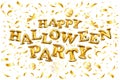 Happy Halloween gold glitter balloon lettering on golden confetti white background greeting card