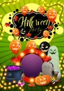 Halloween party, green invitation poster with tombstone, pumpkin Jack, witch`s cauldron, ghosts and halloween balloons Royalty Free Stock Photo