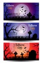 Halloween Party greeting cards set. Moonlight in the cemetery horizontal background. Poster, banner or flyer design. Vector illust Royalty Free Stock Photo