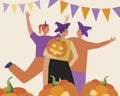 Halloween party, group of people with pumpkin, Flat vector stock illustration with Halloween night celebration and gerland