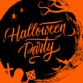 Halloween Party handwritten lettering on black circle brush stroke background with traditional holiday spooky symbols.