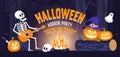 Halloween party horizontal banner with skeleton and funny pumpkins Royalty Free Stock Photo