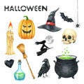 Halloween Party Illustration. Candle, Pumpkin,, Witch Hat, Bat, Scull, Black Heart, Poison Bottle, Raven, Witch Pot, Witch, Full M Royalty Free Stock Photo