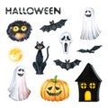 Halloween Party Illustration. Monster, Horror Mask, Black Cat, Bat, Pumpkin, Ghost, Orange Moon, Black House. Watercolor drawing Royalty Free Stock Photo