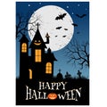 Halloween party inspiration design vector. illustration of halloween poster with full moon, tree, bat, pumpkin and label Happy Hal Royalty Free Stock Photo