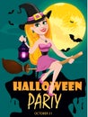 Halloween Party Invitation. Beautiful Lady Witch Flying On Broom And Holding Lamp.