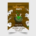 Halloween Party Invitation Card With Boiling Cauldron On Wood Stump, Cartoon Ghosts And Event Details