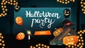 Halloween party, invitation green card with button, Halloween balloons, wooden sign, witch hat and pumpkin Jack